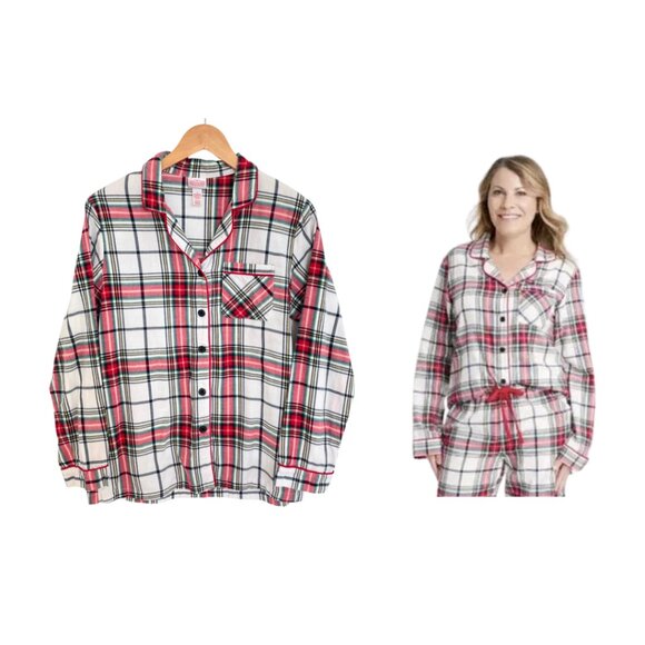 Wondershop Target Pajama Shirt Women Small Flannel Plaid White Tartan Sleepwear - Picture 1 of 13